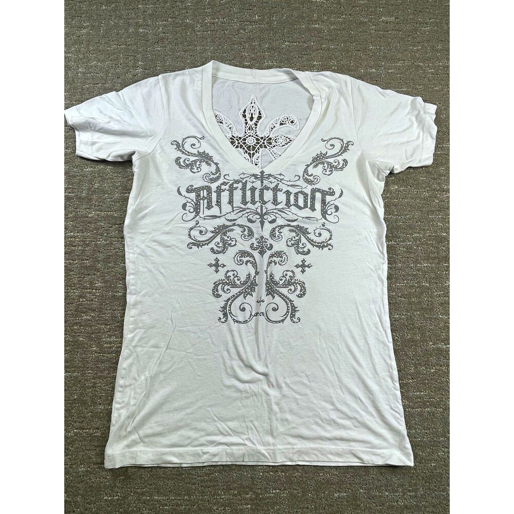 Affliction women’s XL White/Gray Cotton V-Neck Cross Tee T shirt rhinestone